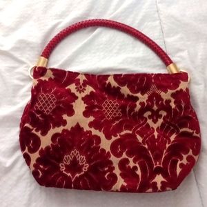 EUC Adrienne Vitadinni Velvet Floral Pattern Handbag in Wine, Cream and Gold